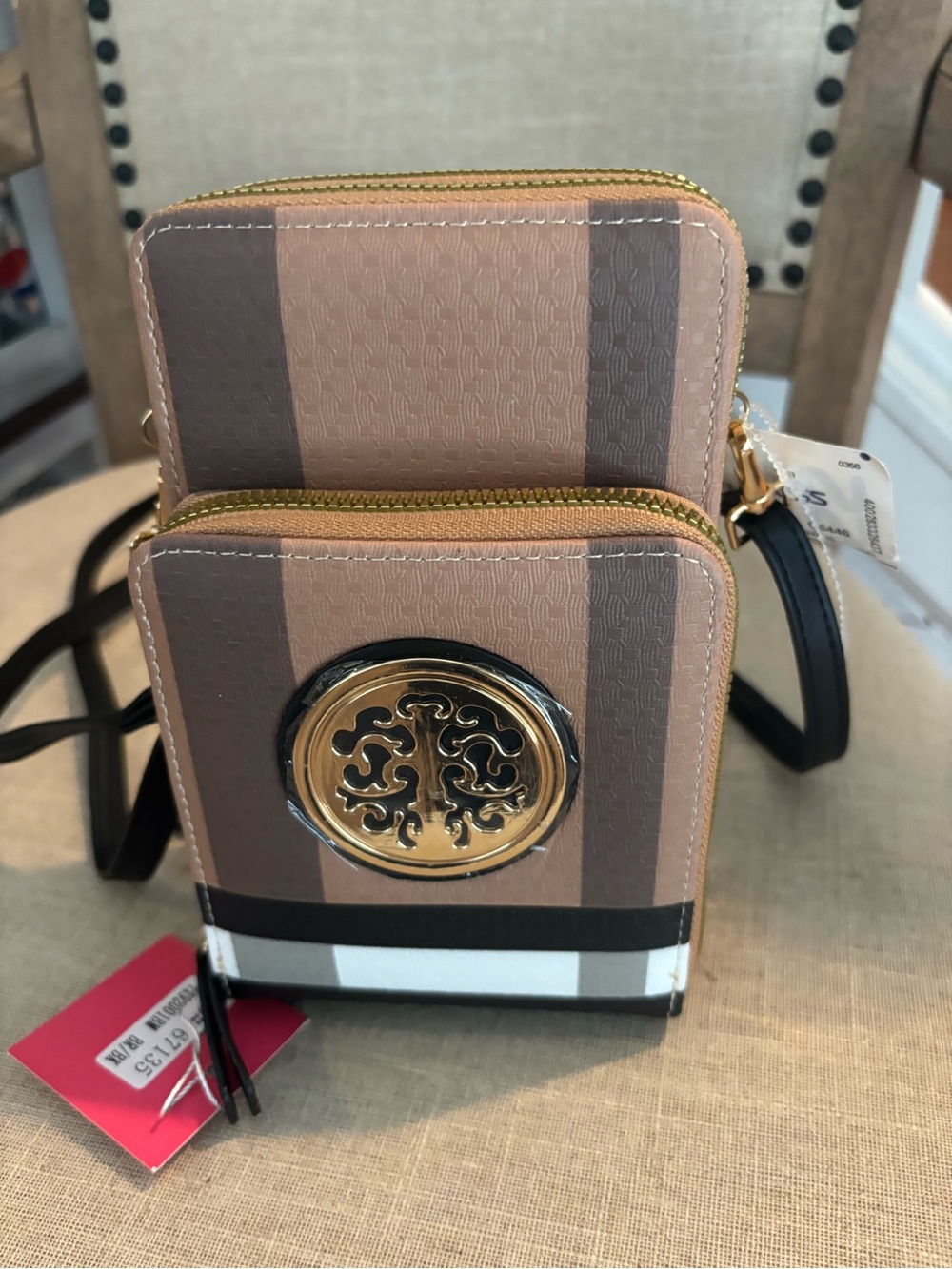 Striped Brown and Tan Crossbody Bag with Gold Medallion